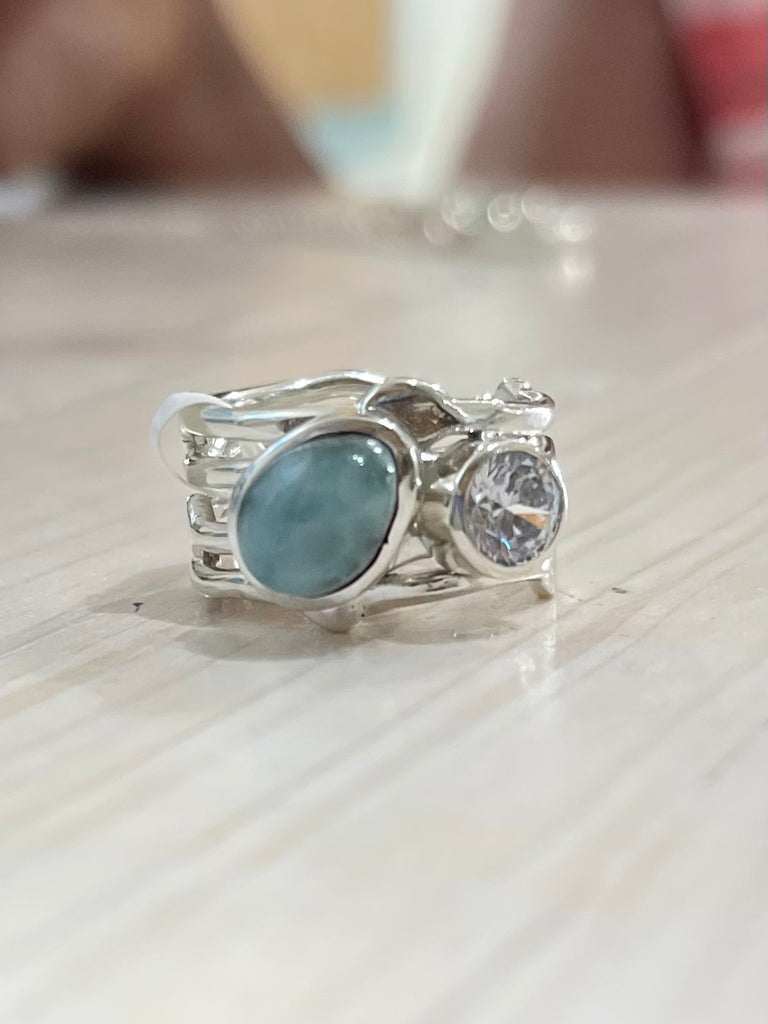 Free form larimar and cz ring 5 1/2