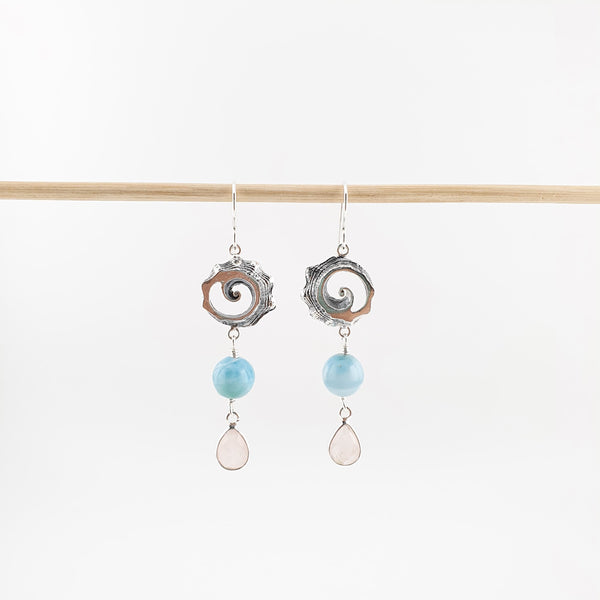 Spiral shell with larimar and chalcedony earrings