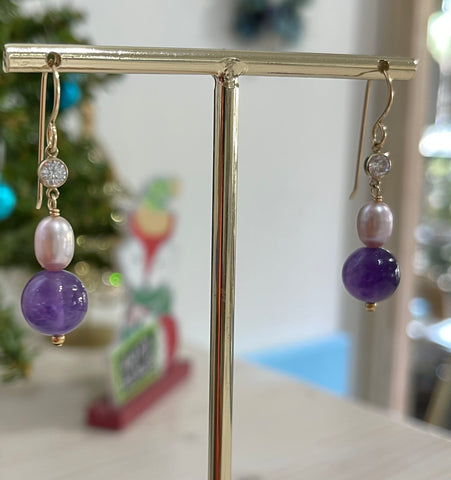 Amethyst with pearl and cz earrings