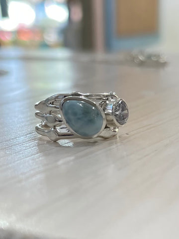 Free form larimar and cz ring 7 1/2