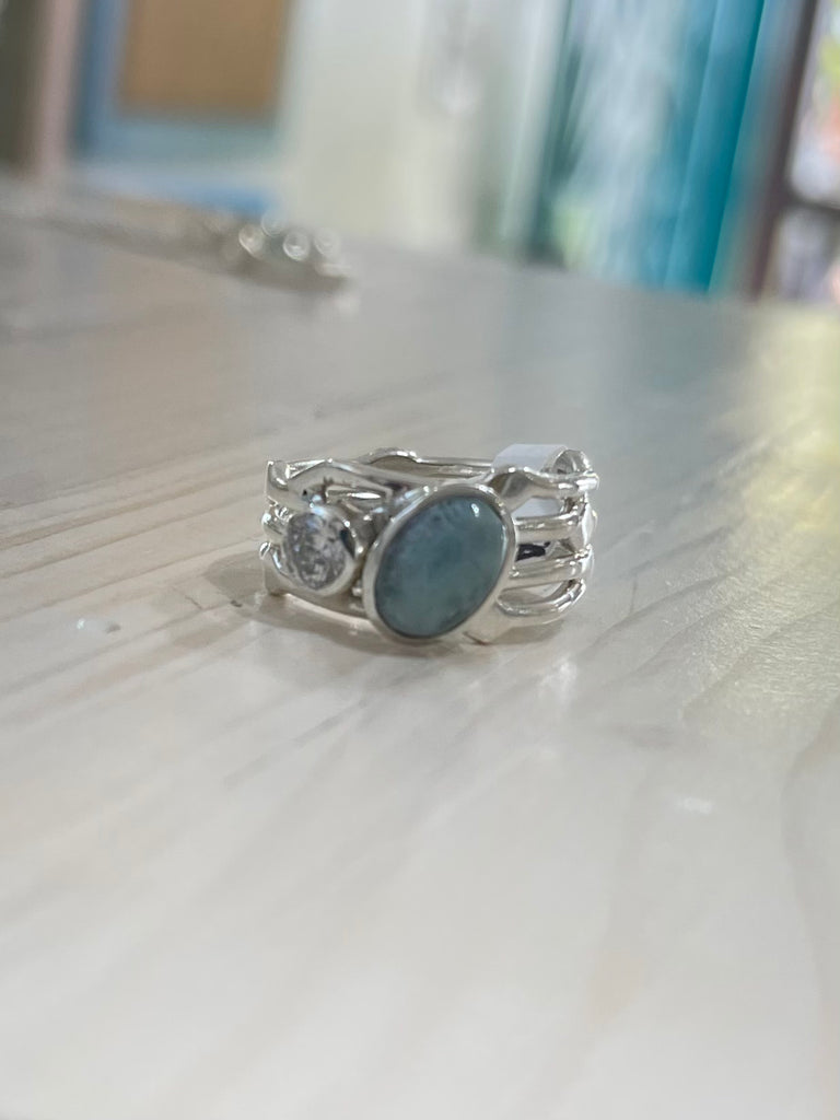 Free form larimar and cz ring 8 1/2