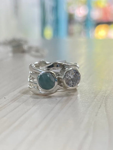 Free form larimar and cz ring 6 3/4